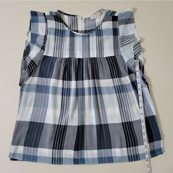 Loft Blue Plaid Rayon Sleeveless Ruffle Blouse - Picture 8 of 16